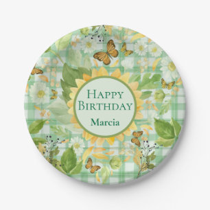Custom Birthday Green Gingham Sunflower Butterfly Paper Plate
