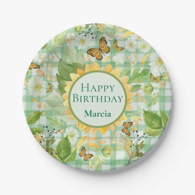 Custom Birthday Green Gingham Sunflower Butterfly Paper Plate (Front)