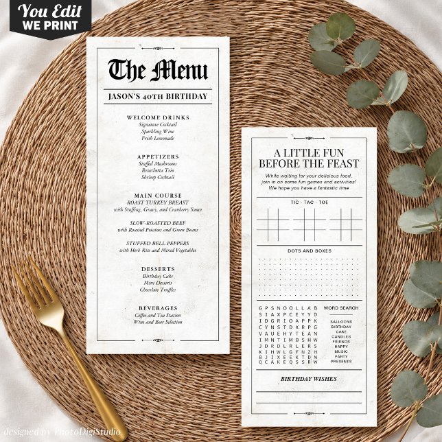 Custom Birthday Menu, Black White Interactive Menu (Custom Birthday Menu, Black White Interactive Menu)