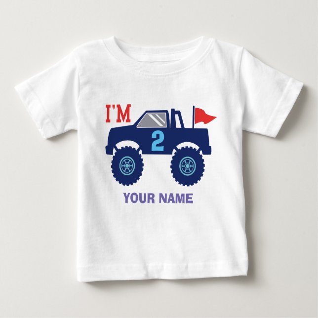 Custom Birthday Monster Truck Age And Name Baby T-Shirt (Front)