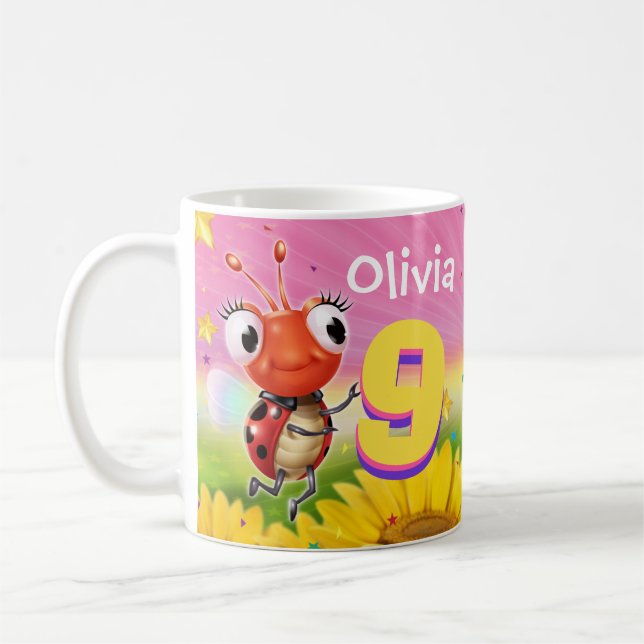 Custom birthday mug girl 9yrs Ladybug (Left)