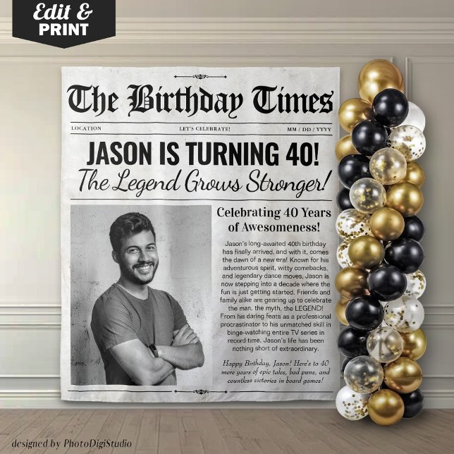 Custom Birthday Newspaper Backdrop with Photo Tapestry (Custom Birthday Newspaper Backdrop with Photo)