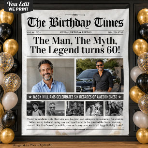Custom Birthday Newspaper Banner, Birthday Photo Tapestry