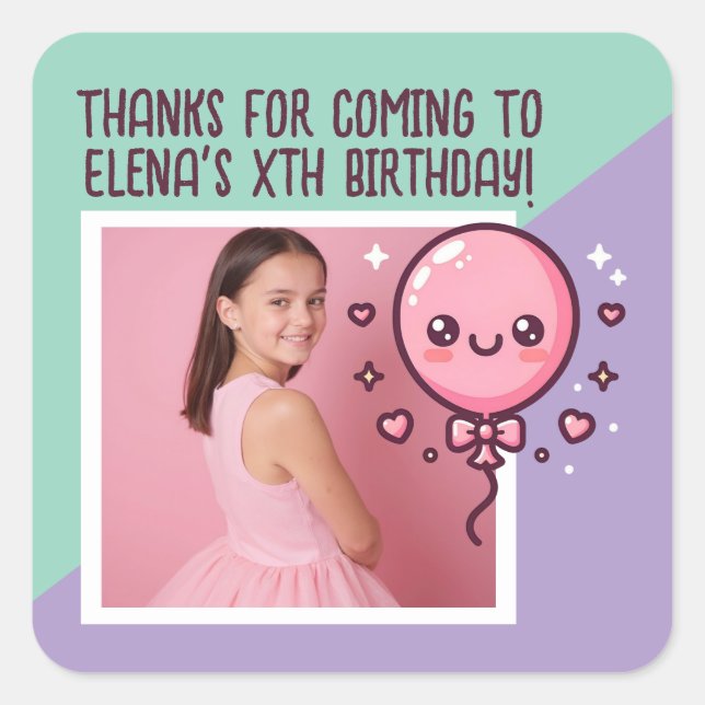 Custom Birthday Party Cute Balloon Photo Thank You Square Sticker (Front)