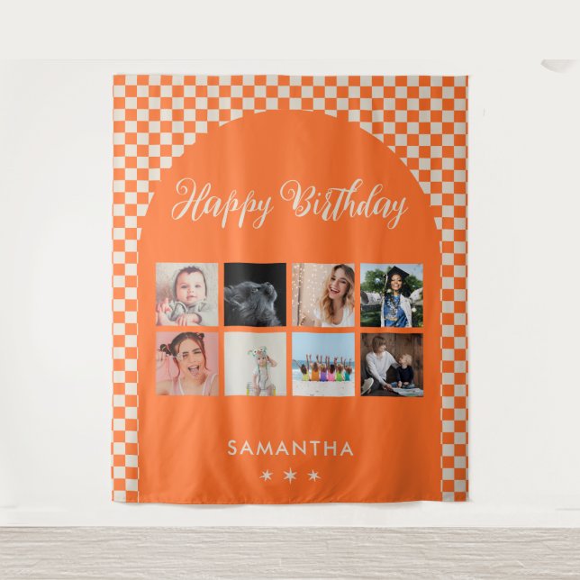 Custom Birthday Party Photo Collage Banner Tapestry (Front)