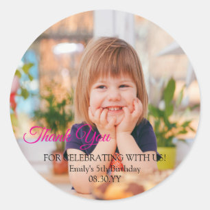 Custom Birthday Party Script Photo Thank You Classic Round Sticker