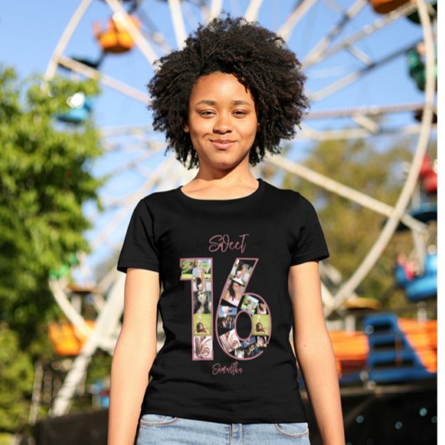 Custom Birthday Pink Girly Sweet 16 Photo Collage T-Shirt (Creator Uploaded)