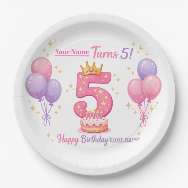Custom Birthday Plates for Kids - 5th Birthday (Front)