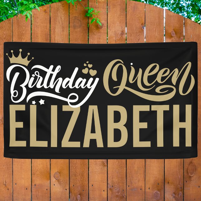 Custom Birthday Queen Black and Gold Personalised Banner (Creator Uploaded)