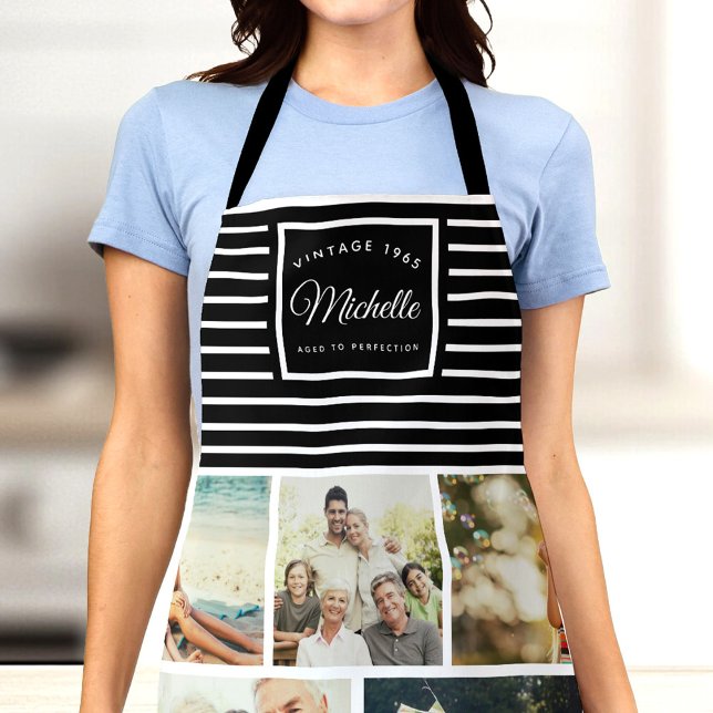 Custom Birthday Vintage Birth Year Photo Collage Apron (Woman wearing a photo apron with "Vintage 1965, Aged to Perfection" text on a striped design)