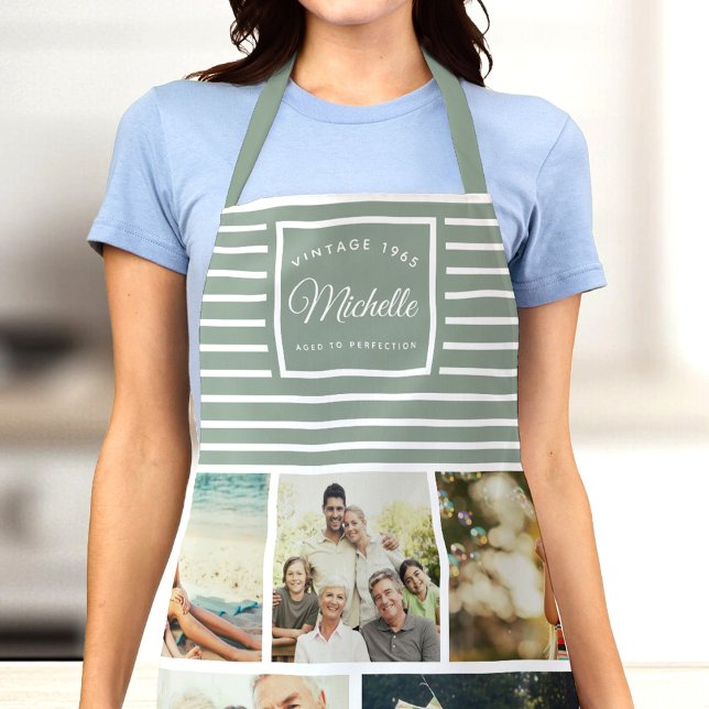 Custom Birthday Vintage Birth Year Photo Collage Apron (A person wearing a personalized photo apron with "Vintage 1965 Michelle Aged to Perfection," type)