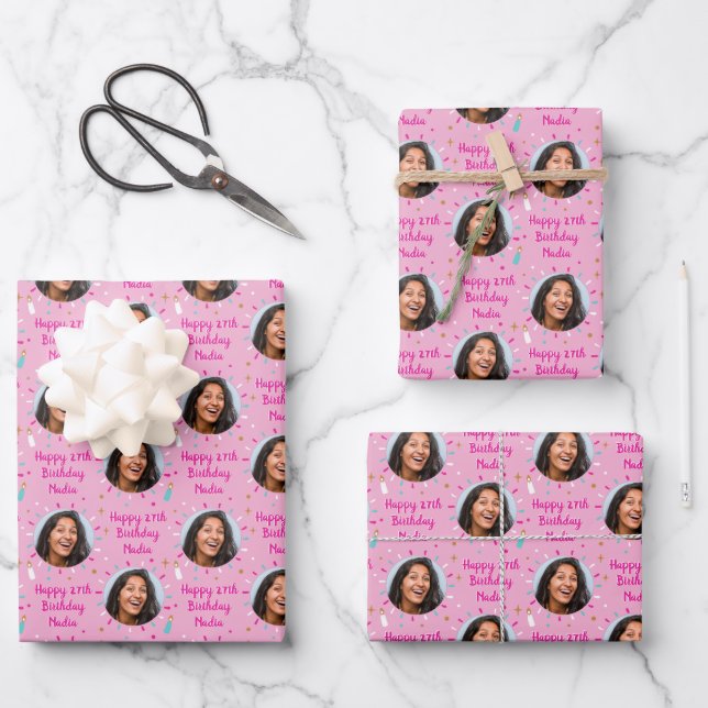 Custom Birthday Wrapping Paper Colourful Pink (Front)