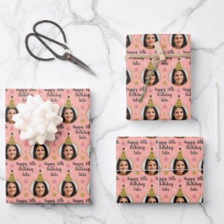 Custom Birthday Wrapping Paper Party Hat Pink 
