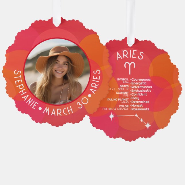 Custom Birthday Zodiac Aries - Photo Modern Design Tree Decoration Card (Front/Back)