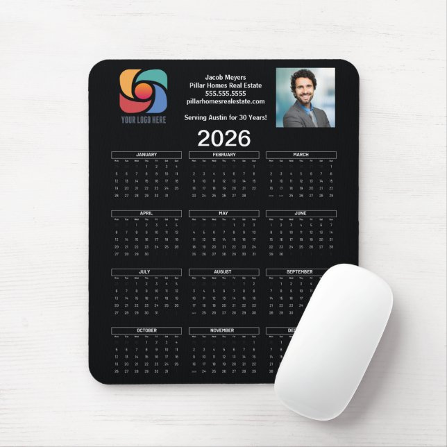 Custom Black 2026 Company Calendar Business Logo Mouse Pad (With Mouse)