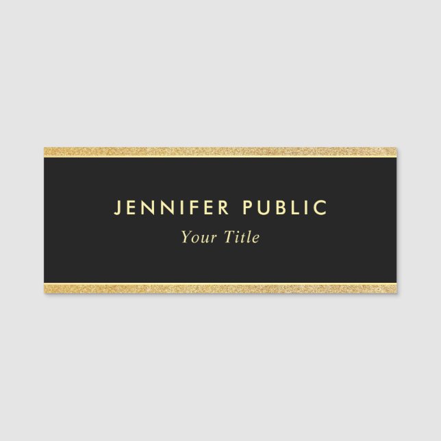 Custom Black And Gold Glitter Modern Elegant Name Tag (Front)