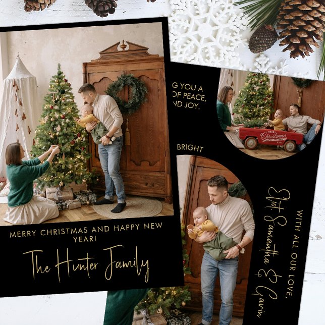 Custom Black and Gold Minimalist Arch Family Photo Holiday Card (Creator Uploaded)