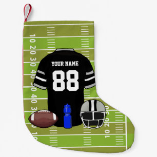 Custom Black and Gray Football Jersey on Field Small Christmas Stocking