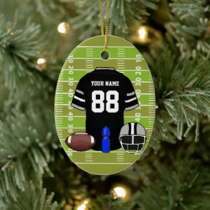 Custom Black and Grey Football Jersey on Field Ceramic Tree Decoration
