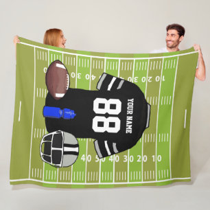 Custom Black and Grey Football Jersey on Field Fleece Blanket