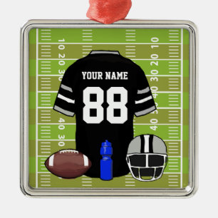 Custom Black and Grey Football Jersey on Field Metal Ornament