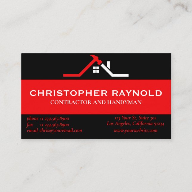 Custom Black and Red Home Building Construction Business Card (Front)