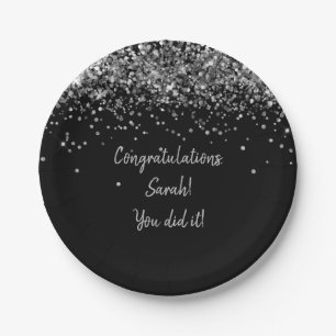 Custom Black and Silver Graduation Party Glitter Paper Plate
