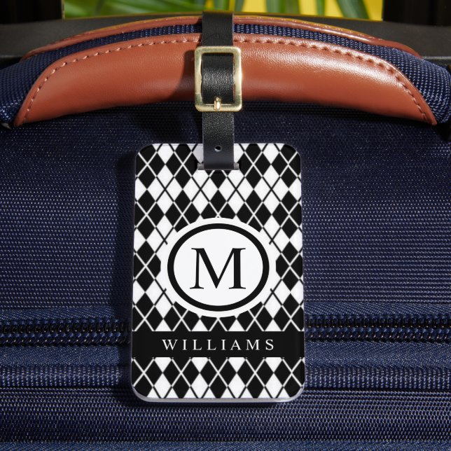 Custom Black And White Argyle Pattern Luggage Tag (Front Insitu 2)