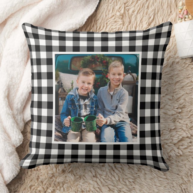 Custom Black and White Buffalo Plaid Holiday Photo Cushion (Blanket)