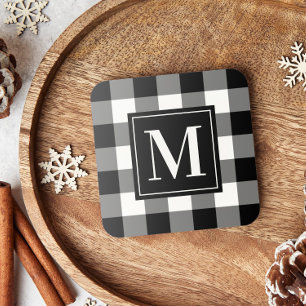 Custom Black and White Buffalo Plaid Monogram Coaster