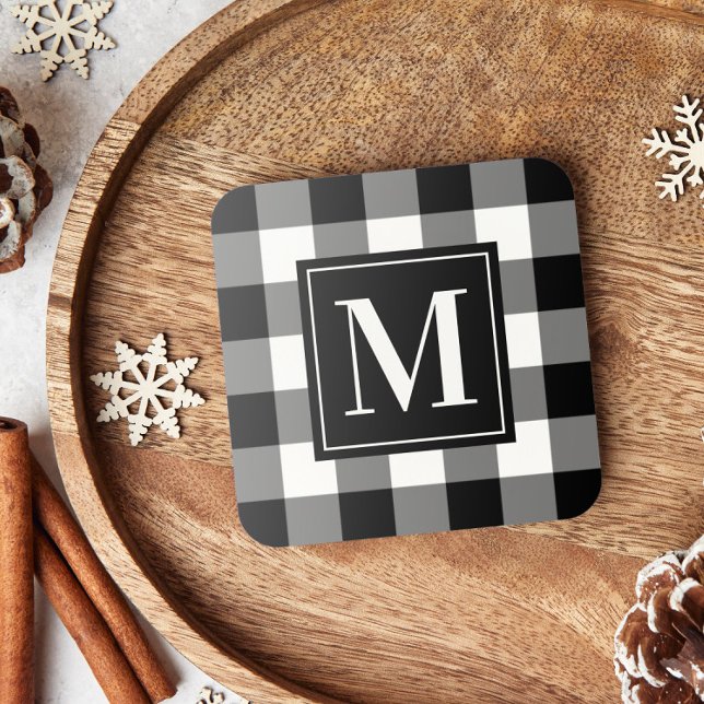 Custom Black and White Buffalo Plaid Monogram Coaster (Creator Uploaded)