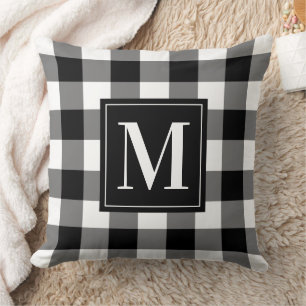Custom Black and White Buffalo Plaid Monogram Cushion