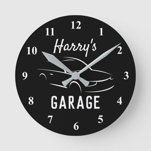 Custom black and white car garage wall clock gift (Front)