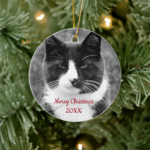 Custom Black and White Cat Face Christmas Ceramic Ornament