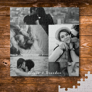 Custom Black and White Couple Photo Collage Names Jigsaw Puzzle