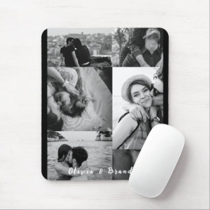 Custom Black and White Couple Photo Collage Names Mouse Pad