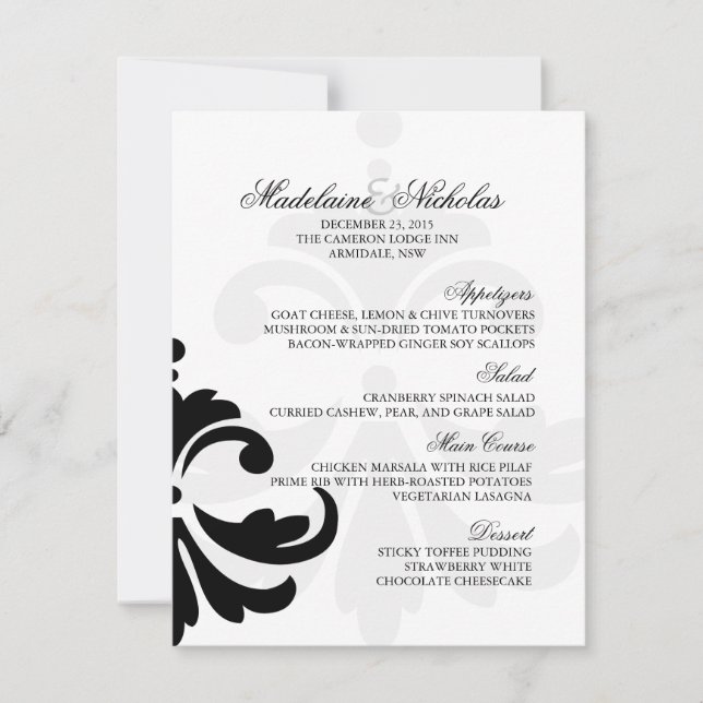 Custom black and white damask wedding meu invitation (Front)
