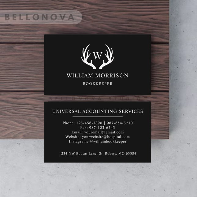 Custom Black And White Deer Antler Monogrammed Business Card (Custom Black And White Deer Antler Monogrammed Business Card)