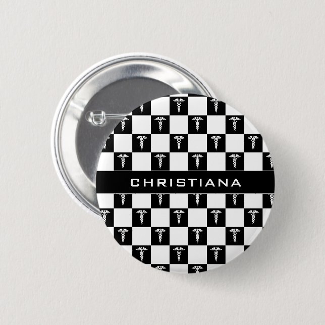 Custom Black and White Medical Symbol Caduceus 6 Cm Round Badge (Front & Back)