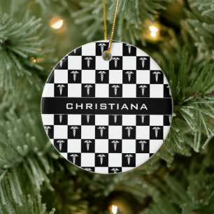 Custom Black and White Medical Symbol Caduceus  Ceramic Ornament