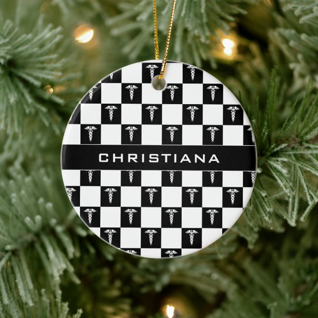 Custom Black and White Medical Symbol Caduceus  Ceramic Ornament (Tree)