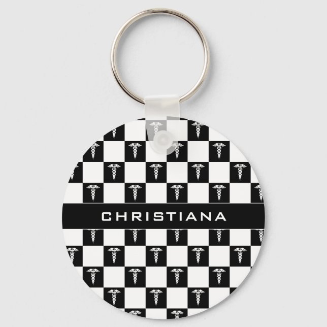 Custom Black and White Medical Symbol Caduceus Key Ring (Front)