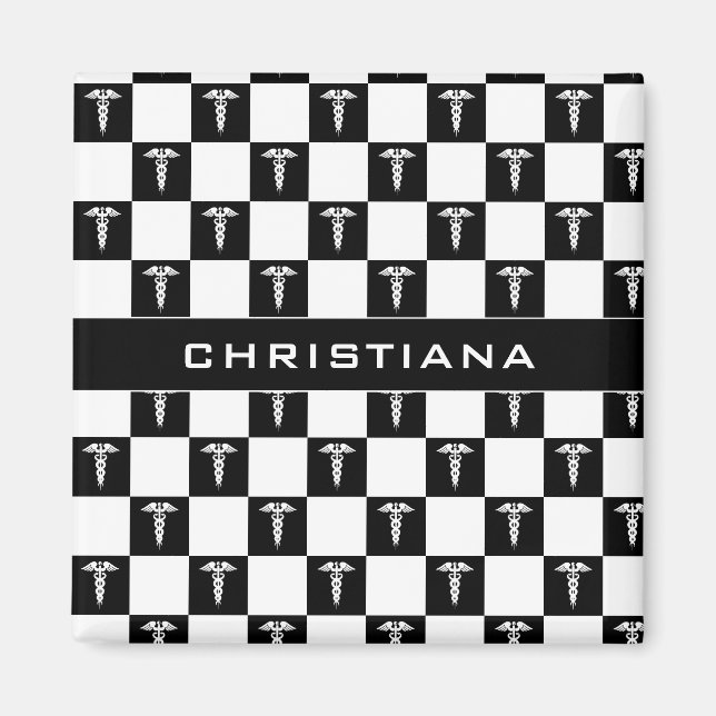 Custom Black and White Medical Symbol Caduceus Magnet (Front)