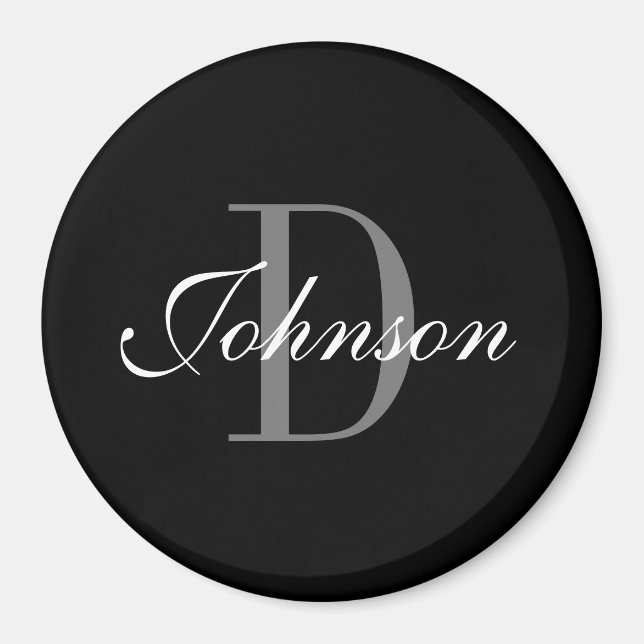 Custom black and white monogram large round fridge magnet (Front)