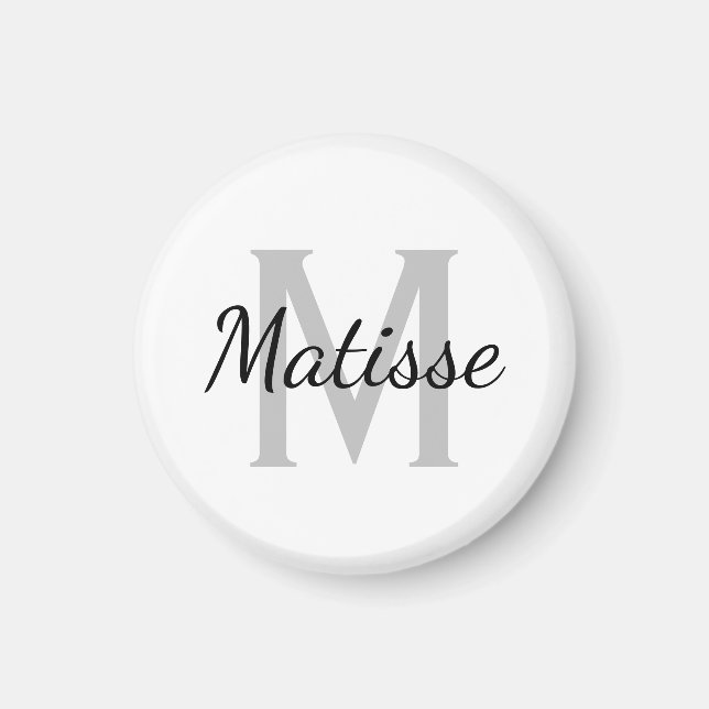 Custom black and white monogram small round fridge magnet (Front)