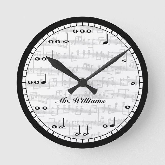 Custom Black and White Music Notes Round Clock (Front)