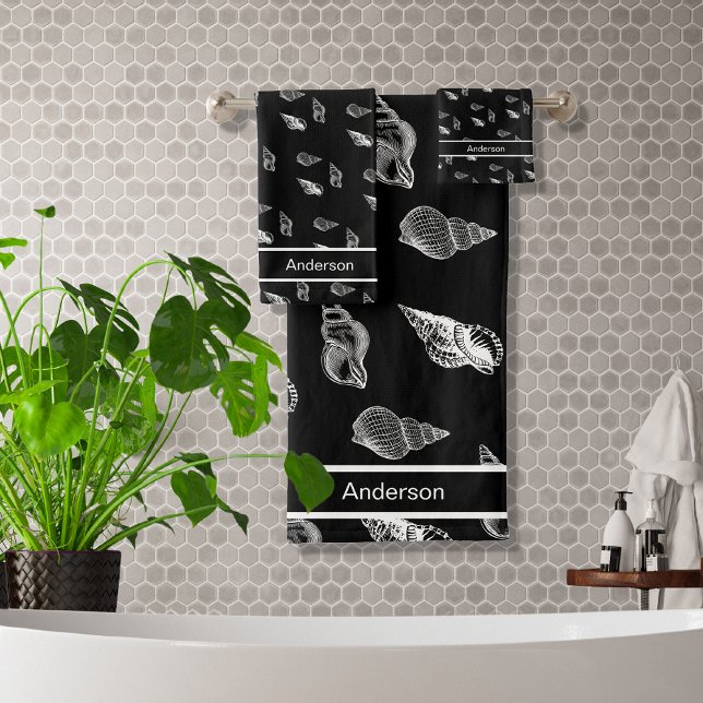 Custom Black and White Nautical Seashell Bathroom  Bath Towel Set (Creator Uploaded)
