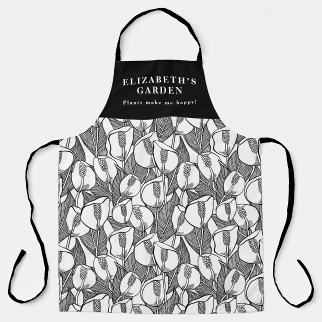 Custom Black And White Peace Lily Pattern  Apron (Front)