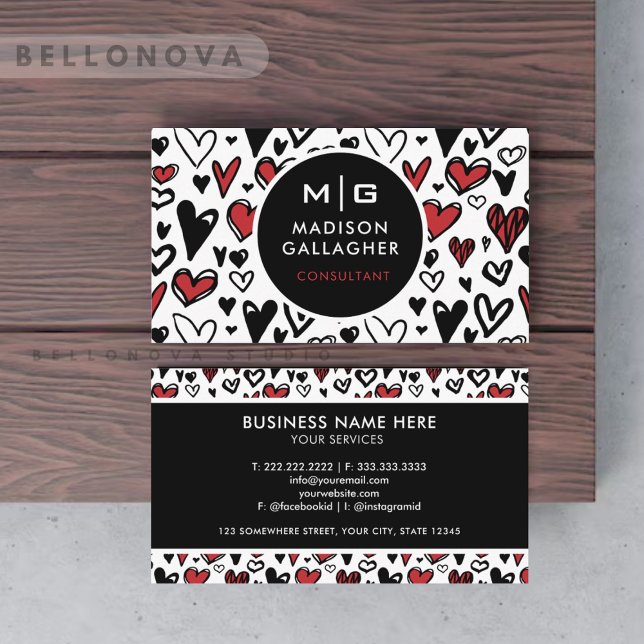 Custom Black And White Red Love Heart Professional Business Card (Custom Black And White Red Love Heart Professional Business Card)