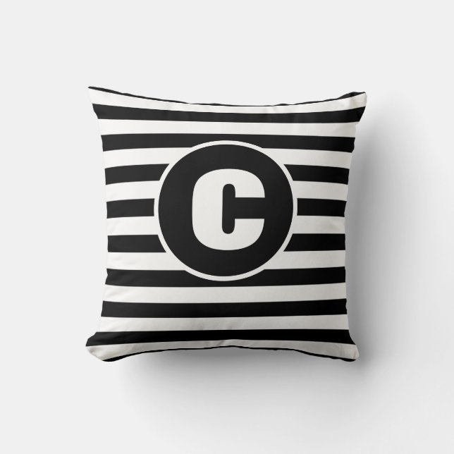 Custom Black And White Striped Monogram Pillow (Front)